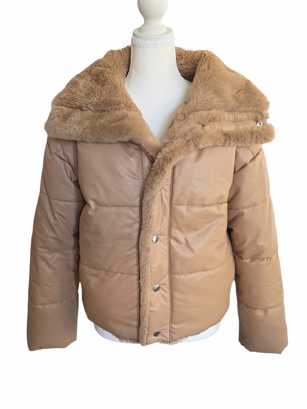 Express Tan Faux-Leather Puffer Jacket with Faux-Fur Collar
